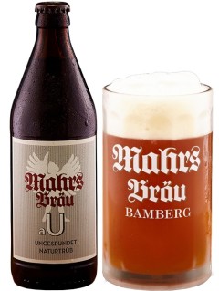 bayrisches Bier Mahrs Bräu aU in der 50 cl Bierflasche mit vollem Bierglas
