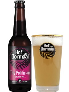 belgisches Bier Hof ten Dormaal The Politician in der 33 cl Bierflasche mit gefülltem Bierglas