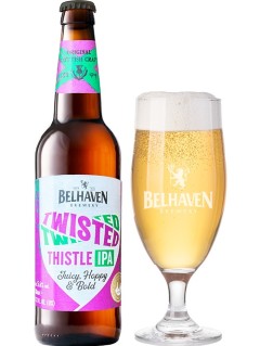 schottisches Bier Belhaven Twisted Thistle IPA in der 0,33 l Bierflasche mit vollem Bierglas