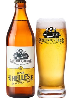 deutsches Bier Berliner Jungs Unser Helles in der 0,5 l Bierflasche mit vollem Bierglas
