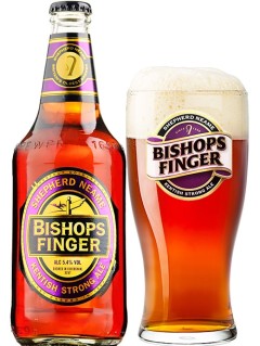 englisches Bier Bishops Strong Ale in der 0,5 l Bierflasche mit vollem Bierglas