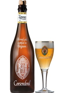 belgisches Bier Corsendonk Agnus Tripel in der 0,75 l Bierflasche mit vollem Bierglas