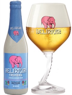 belgisches Bier Delirium Tremens in der 33 cl Bierflasche mit vollem Bierglas