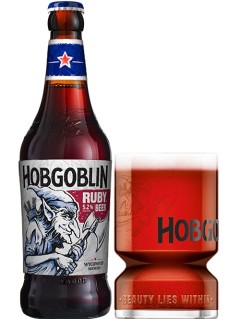 englisches Bier Wychwood Hobgoblin Ruby in der 0,5 l Bierflasche mit vollem Bierglas