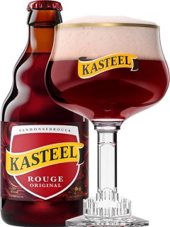 belgisches Bier Kasteel Rouge in der 0,33 l Bierflasche mit gefülltem Bierglas