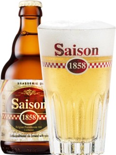 belgisches Bier Saison 1858 in der 0,33 l Bierflasche mit vollem Bierglas